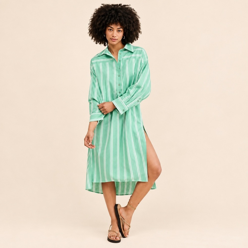 Anthropologie Green White Striped Henley Shirt Dress XXSP/XSP Roll Tab Sleeve